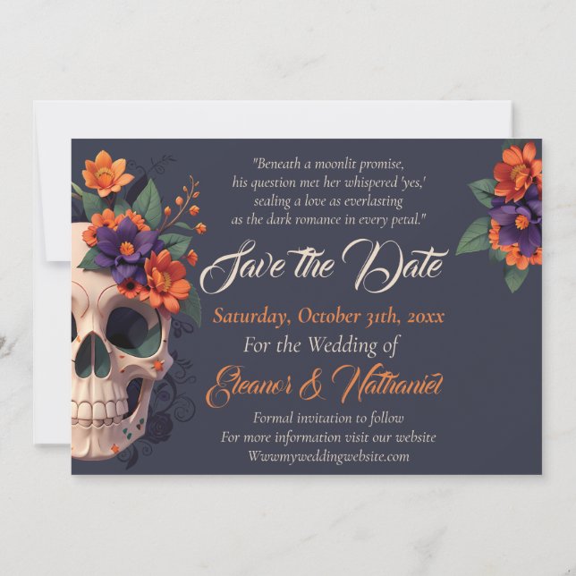Convite Crânio Floral 3D Gótico Elegante Salve a Data (Verso)