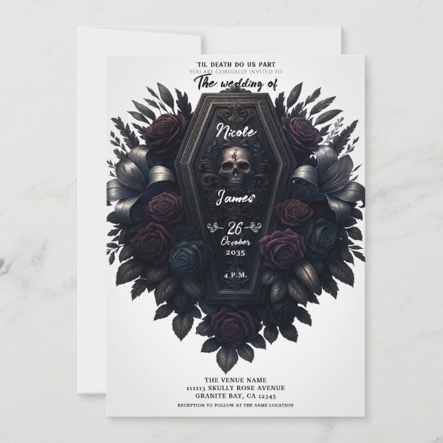 Convite Crânio Floral Coffin Bloom Branco Casamento Gótico (Frente)