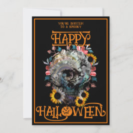 Convite Crânio Floral Feliz Halloween Festa Laranjas Preta