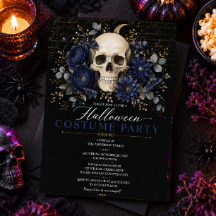 Convite Crânio Floral Gótico Halloween Elegante Festa Escu