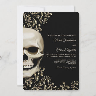 Convite Crânio Floral Gótico Metálico de Halloween Tempera