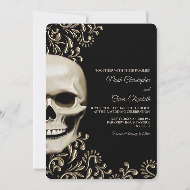 Convite Crânio Floral Gótico Metálico de Halloween Tempera (Frente)