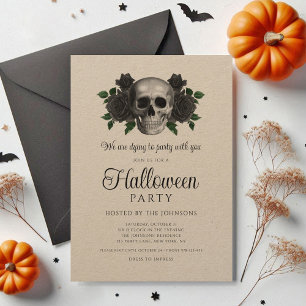 Convite Cranio Floral Preto Vintage Halloween