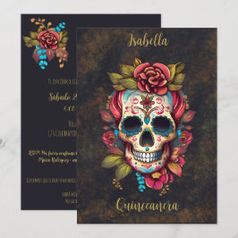 Convite Crânio Floral Quinceanera Aniversário Espanhol