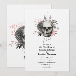 Convite Crânio Floral Rosa Casamento Gótico de Halloween