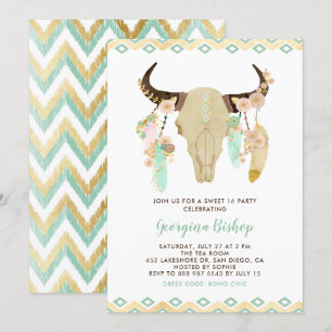 Convite Crânio Floral Tribal e Penas Doce Dezesseis