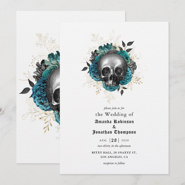 Convite Crânio Floral Turquesa Casamento Gótico de Hallowe (Frente/Verso)