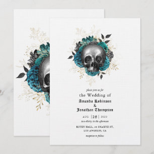 Convite Crânio Floral Turquesa Casamento Gótico de Hallowe