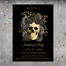 Cranio Gótico Rosas Pretas e Douradas Festa de Hal