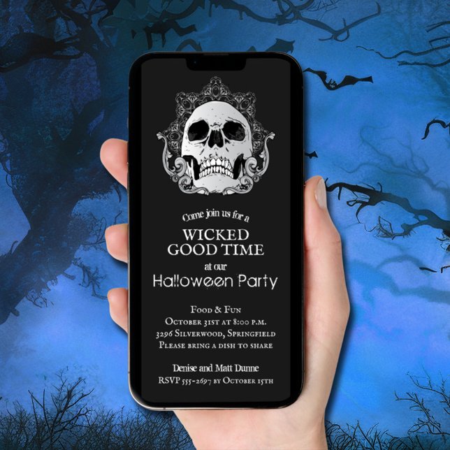 Convite Crânio no Dia das Bruxas Negro (Gothic skull on black Halloween party invitations - INSTANT DOWNLOAD and/or printed)
