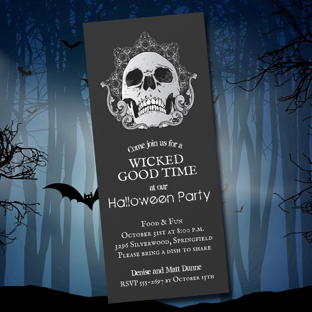 Convite Crânio no Dia das Bruxas Negro (Skull on Black Halloween Party Invitations)