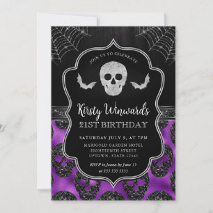 Convite Crânio Preto e Roxo e Teias de Aranha Aniversário