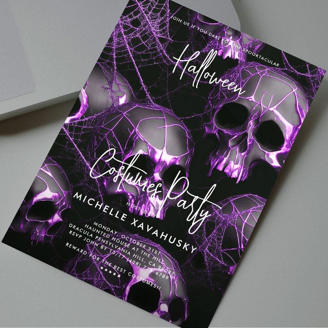 Convite Crânio roxo preto do Partido das Bruxas de Adultos (Modern Adult Halloween Party Black Purple Skull Invitation
)
