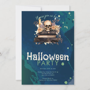 Convite Crânio sobre Livros com Rosas Festa de Halloween