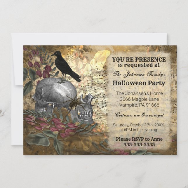 Convite Crânios de Corvo Halloween (Frente)