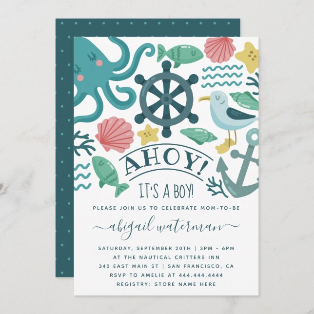 Convite Crânios do Mar Náutico em Cute é um Chá de fraldas (Frente/Verso)