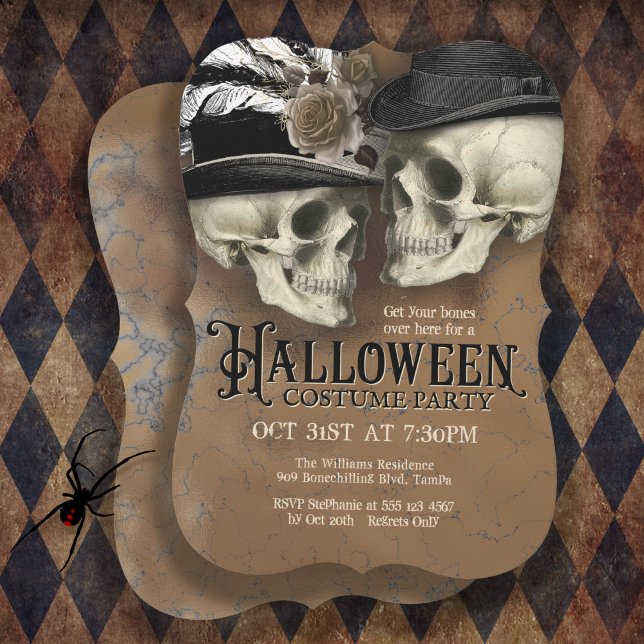 Convite Crânios Góticos no Festa de Figurino do Hats Hallo (Plan an epic haunted house Halloween Party with this gothic skulls party invitation.)