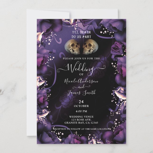 Convite Crânios Góticos & Rosas Roxas Casamento de Hallowe (Frente)