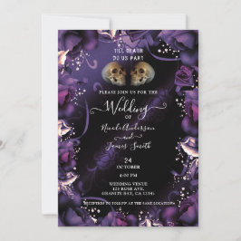 Convite Crânios Góticos & Rosas Roxas Casamento de Hallowe