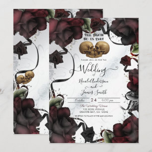 Convite Crânios Góticos Rosas Vermelhas Brancas Noivado de