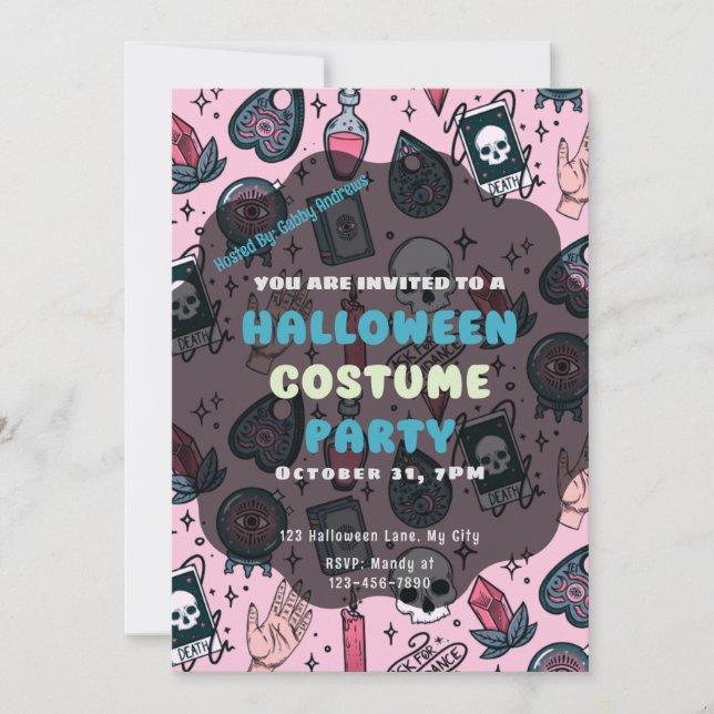 Convite Crânios Rosa Tarot Velas Cristais do Dia das Bruxa (Frente)