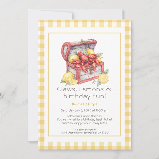 Convite Crayfish & Lemon Treasure Chest Aniversário  (Frente)