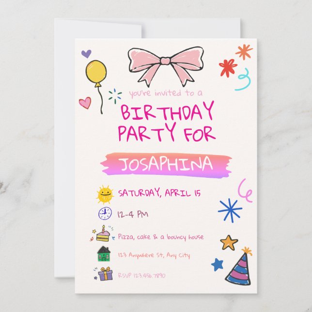 Convite Crayon Birthday Party, Hand-Drawn Kids Invitation (Frente)