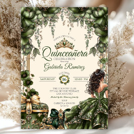 Convite Cream and Green Golden Tiara Floral  Quinceañera