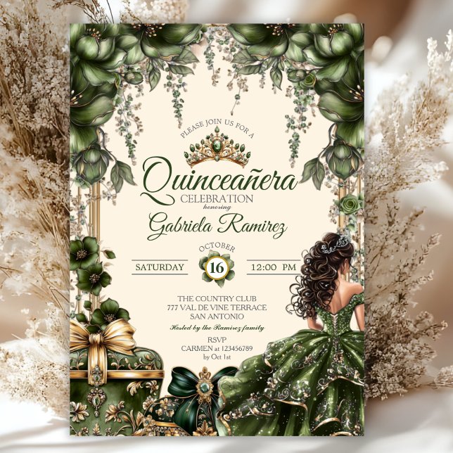 Convite Cream and Green Golden Tiara Floral  Quinceañera (Criador carregado)