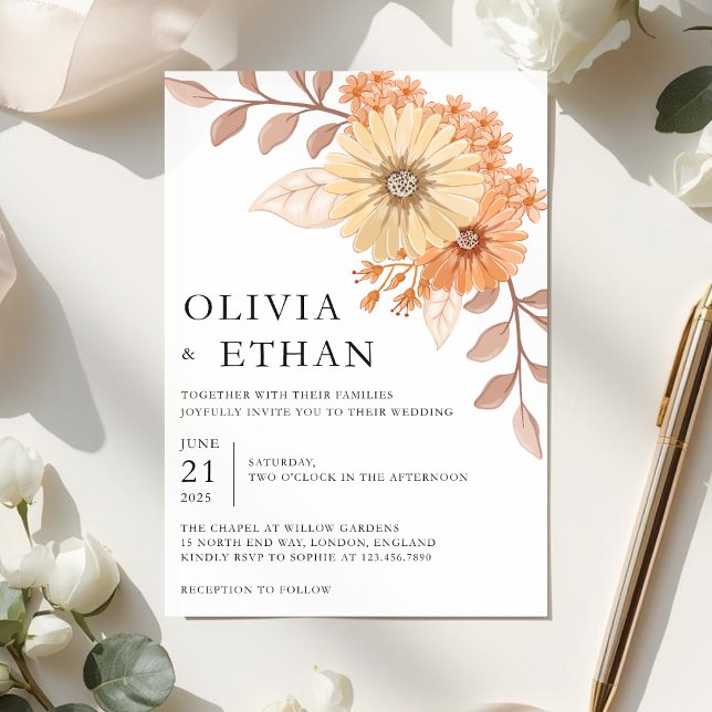 Convite Cream Apricot Floral Wedding Invitation, W004 (Criador carregado)