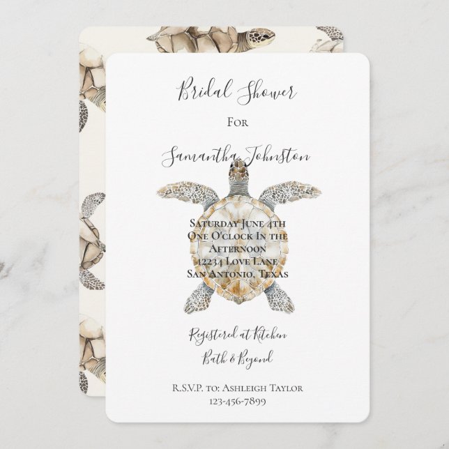Convite Cream Beach Sea Turtles Bridal Shower (Frente/Verso)