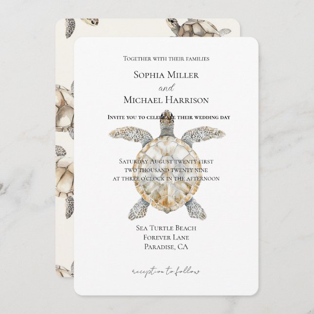 Convite Cream Beach Sea Turtles Wedding (Frente/Verso)