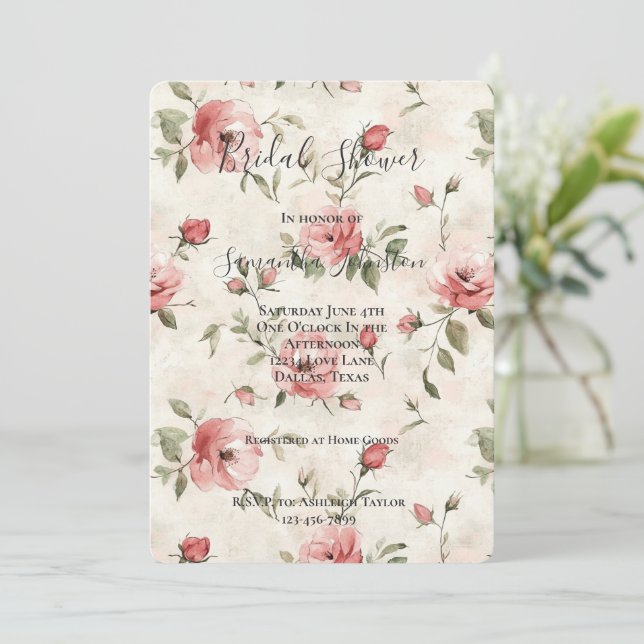 Convite Cream Blush Pink Roses Floral Bridal Shower (Em pé/Frente)