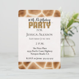 Convite Cream Brown Giraffe Animal Dourado Festa de Glitte