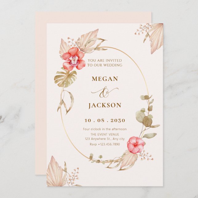 Convite Cream calmo casamento floral elegante (Frente/Verso)