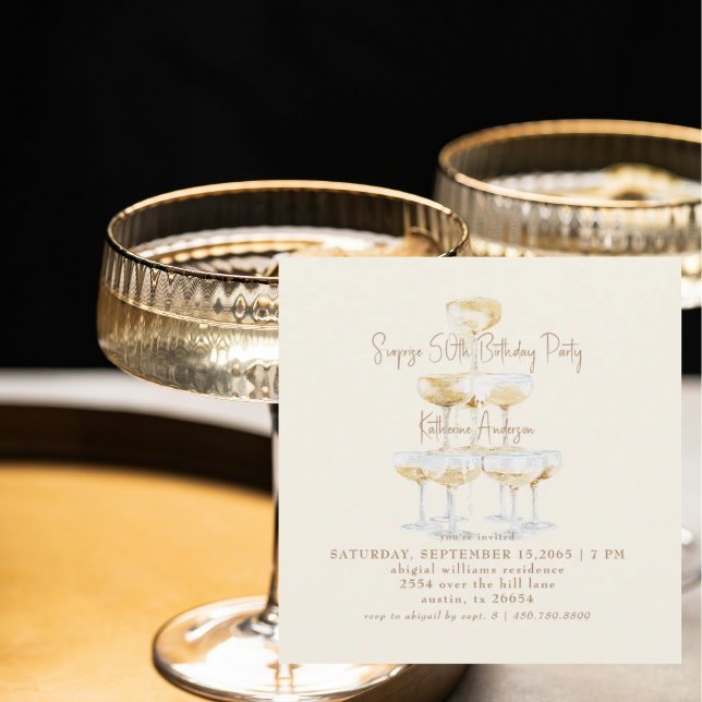 Convite Cream Champagne Square Surprise 50th Birthday (Criador carregado)