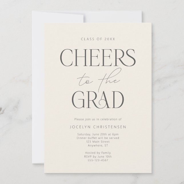 Convite Cream Charcoal Gray Modern Cheers Grad Party (Frente)