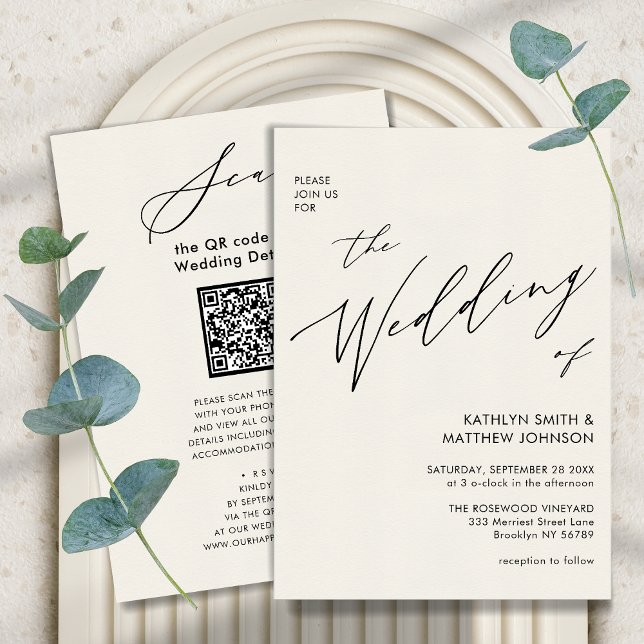 Convite Cream Código QR Tudo Em Um Casamento Chic Moderno (Criador carregado)