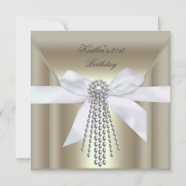 Convite Cream Dourada Pearl Jewel do Partido aniversário d (Frente)