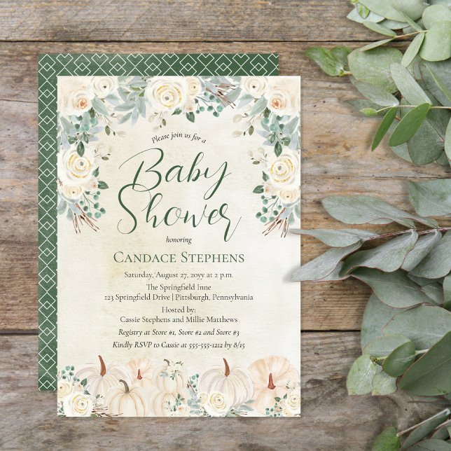 Convite Cream Floral | Abóboras - Chá de fraldas verde flo (Beautiful gender neutral forest and sage green with cream-colored pumpkins and florals "Baby Shower")
