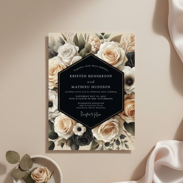 Convite Cream Floral Nocturne Wedding (Criador carregado)