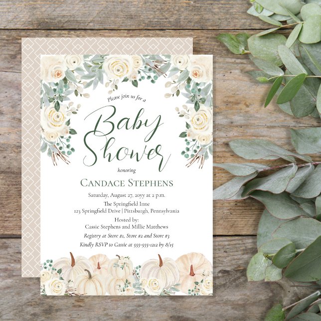 Convite Cream Floral | Pumpkins Fall | Chá de fraldas de o (Beautiful gender neutral forest and sage green with cream-colored pumpkins and florals "Baby Shower")