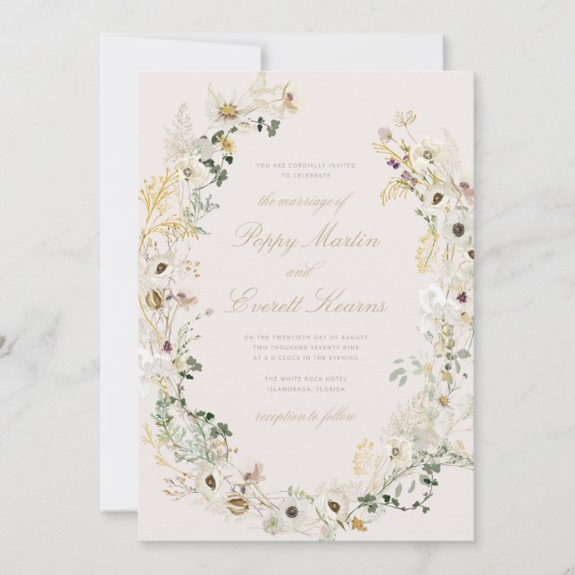 Convite Cream Floral Wildflower Poppy Wedding Invitation (Frente)