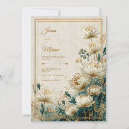 Convite Cream Gilded Astrantia Teal Watercolor Wedding