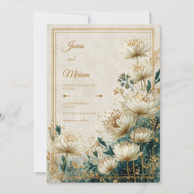 Convite Cream Gilded Astrantia Teal Watercolor Wedding (Frente)