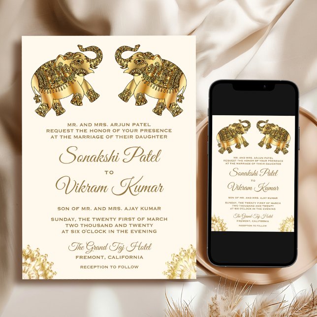 Convite Cream Gold Ethnic Elephants Indian Wedding (Criador carregado)
