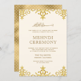 Convite Cream Gold Foil Damasco Casamento Islâmico Mehndi