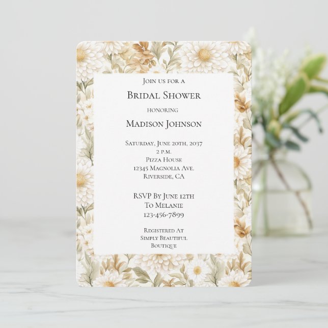 Convite Cream Gold White Country Flowers Bridal Shower (Em pé/Frente)