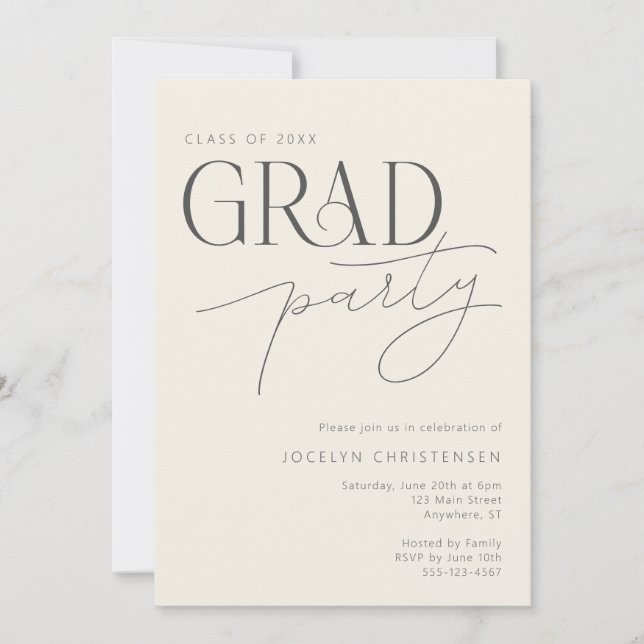 Convite Cream Gray Modern Typography Grad Party Invitation (Frente)