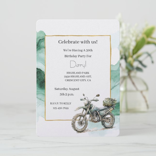 Convite Cream Green Motorcycle Adventure Birthday (Em pé/Frente)